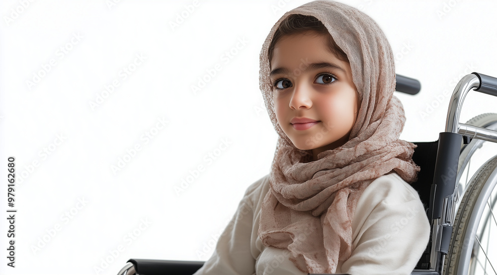 A young Arab girl in a wheelchair, isolated against a white background. A young Arab girl in a wheelchair, isolated against a white background.
