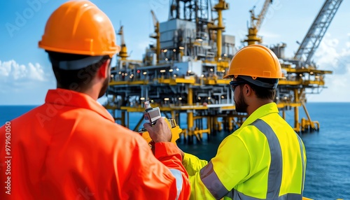 Two engineers in safety gear inspecting an offshore oil rig, ensuring safety and efficiency of operations in the middle of the sea.