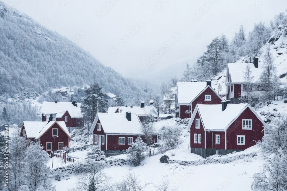 Wooden houses nestled in a snowy mountain valley, surrounded by trees and hills Wooden houses nestled in a snowy mountain valley, surrounded by trees and hills