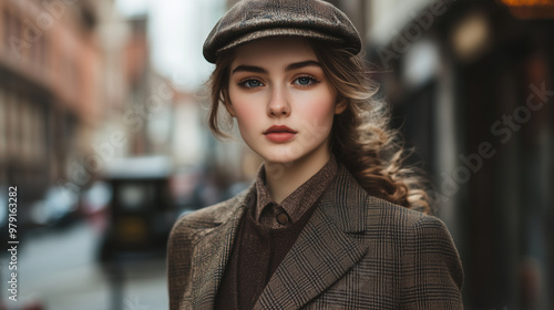 A photo of a young woman wearing an elegant, vintage-style three-piece suit with a jacket and vest made from dark brown tweed fabric. She is also wearing the traditional cap worn b