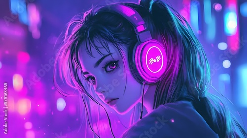 Anime Girl Gaming With Glowing Headphones in Neon Backdrop