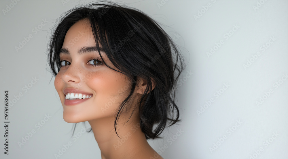 Side profile photo of a smiling beautiful woman with black hair on a white background, free space for text on the right Side profile photo of a smiling beautiful woman with black hair on a white background, free space for text on the right