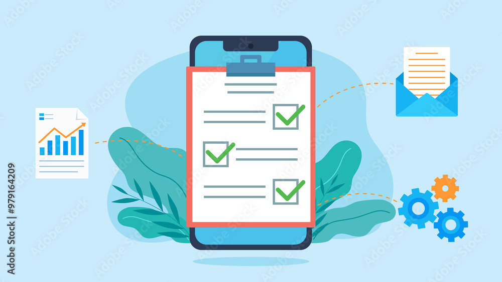 Notepad With Checklist Notepad with checklist on phone screen. Each answer has icons of email ...