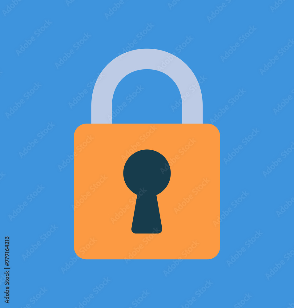 Illustration in flat design style. Colorful graphic of a closed padlock. The padlock is on a blue background. Illustration in flat design style. Colorful graphic of a closed padlock. The padlock is on a blue background.