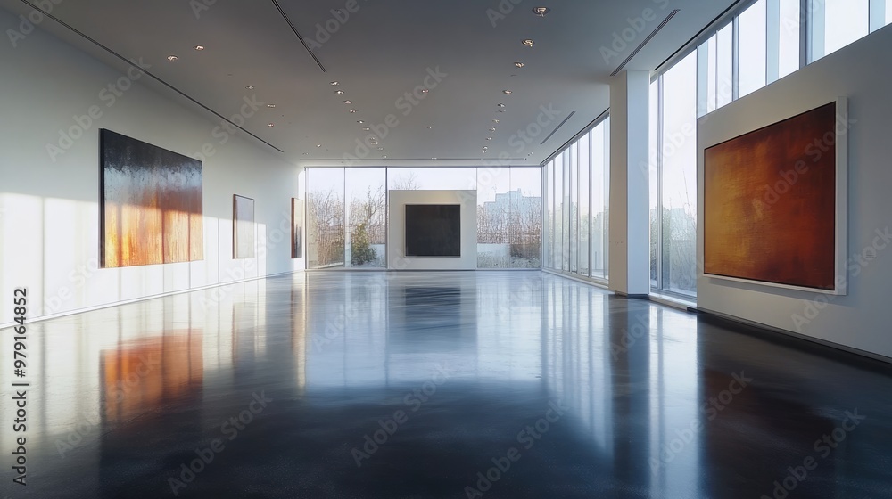 A minimalist art gallery with large paintings, polished floors, and natural light streaming through large windows, creating a tranquil A minimalist art gallery with large paintings, polished floors, and natural light streaming through large windows, creating a tranquil
