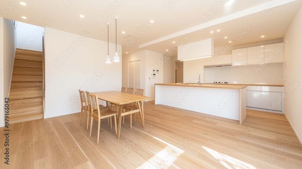 Modern Kitchen and Dining Room with Wooden Floor and White Cabinets Modern Kitchen and Dining Room with Wooden Floor and White Cabinets