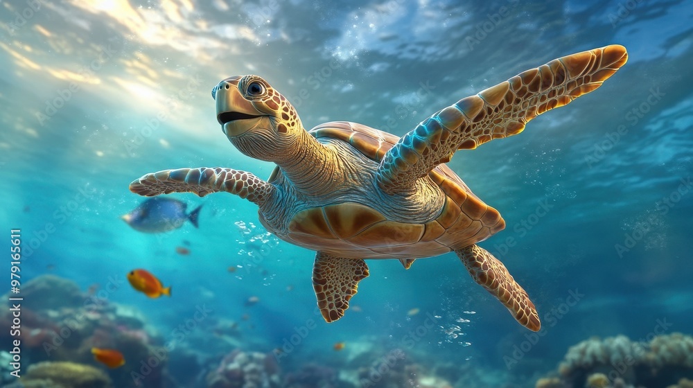 Obraz premium Underwater scene with a smiling sea turtle and colorful fish, playful cartoon look