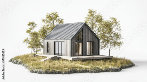 A 3D drawing shows a small, modern wooden house in the Scandinavian style.It has a metal roof and sits on a grassy island with trees.The background is white and the house is shown from an angled view.