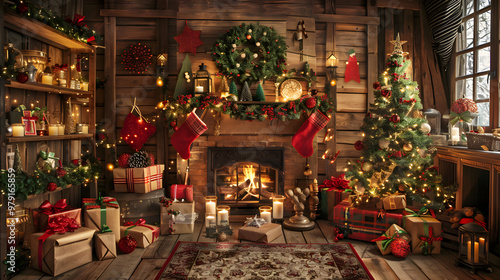 Living room in Christmas festive decorations and beautifully wrapped Christmas gifts for a cozy holiday vibe