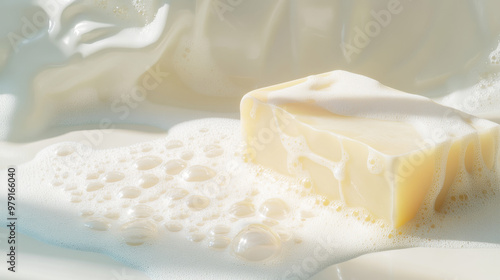 A bar of soap with foamy bubbles, set against a soft, light-colored backdrop.