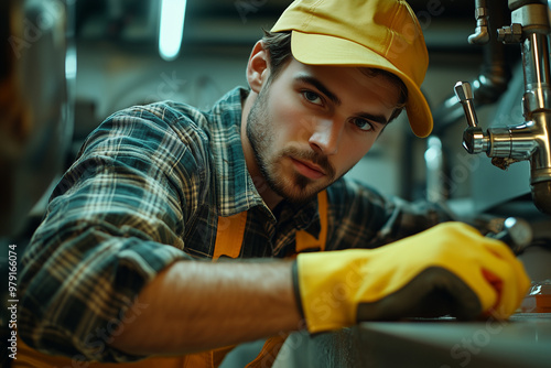 A handsome young male plumber in work and gloves, fixing the sink at home. The worker is focused on his task with an expression of concentration and determination. He wears profess photo