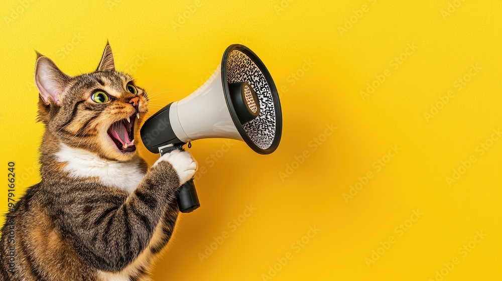 Fototapeta premium Funny Cat with Megaphone on Yellow Background