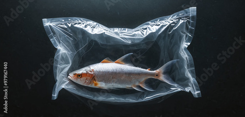 Illustrative representation of fish in water wrapped in plastic foil, conceptual representation of fish as food, overfishing and exploitation of the oceans photo