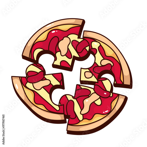 Groovy cartoon pizza in puzzle shape. Funny retro jigsaw bits of pizza to eat by four friends together. Friendship, fast food party mascot, cartoon sticker of 70s 80s style vector illustration