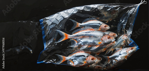 Illustrative representation of fish in water wrapped in plastic foil, conceptual representation of fish as food, overfishing and exploitation of the oceans photo