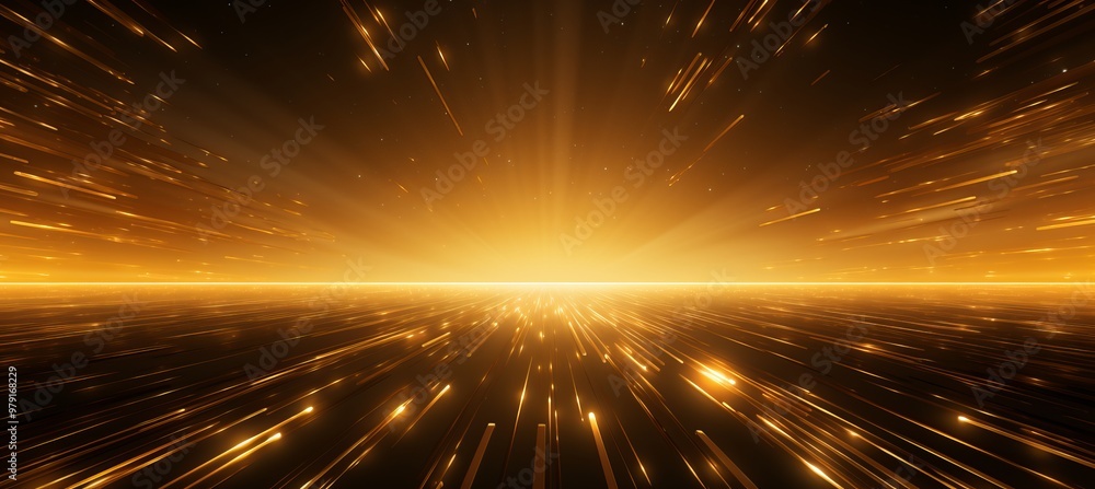 Streaks of light create a surreal golden horizon at dusk above a tranquil sea Streaks of light create a surreal golden horizon at dusk above a tranquil sea