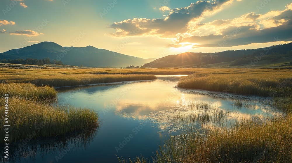 The setting sun casts long shadows over a tranquil mountain wetland. The setting sun casts long shadows over a tranquil mountain wetland.