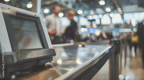 Border control officer scanning passport with electronic reader at airport security checkpoint. Traveler waiting nervously. Modern terminal interior showcases high-tech security procedures and interna