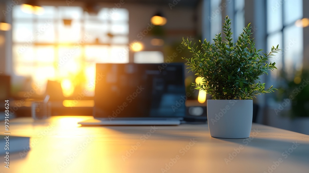 Modern Office Desk with a Plant and Natural Light Modern Office Desk with a Plant and Natural Light