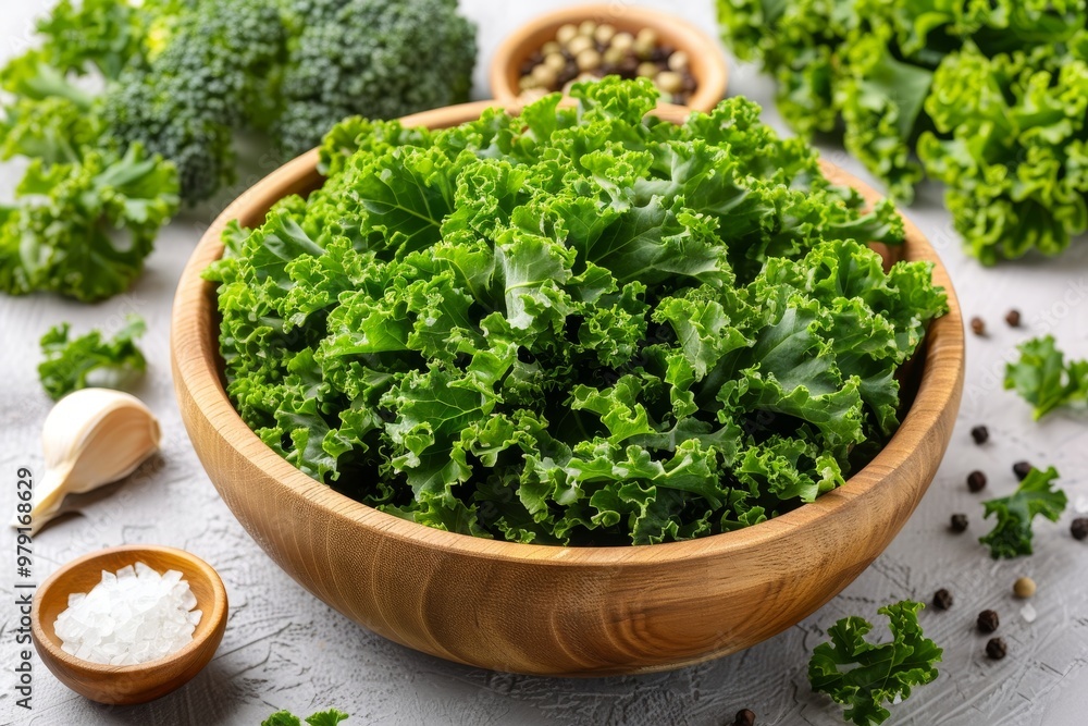 Fresh, Organic Curly Kale Leaves in a Wooden Bowl on Grey Background, Healthy Eating Concept Fresh, Organic Curly Kale Leaves in a Wooden Bowl on Grey Background, Healthy Eating Concept