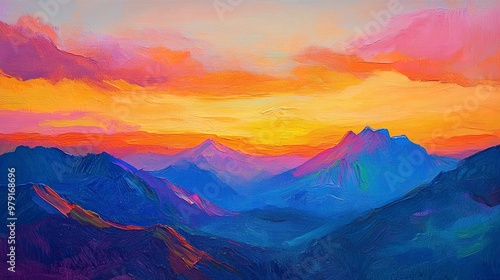 Dramatic mountain range glowing in vibrant orange and pink hues at sunset, impressionistic style, bold sweeping brush strokes, oil painting, hand-painted texture.