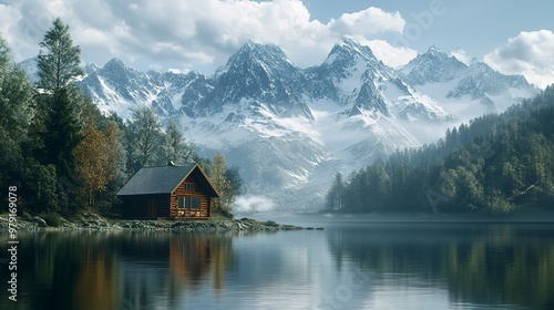 A tranquil lake nestled in the shadow of majestic snow-capped mountains, with a quaint cabin on the shore. 