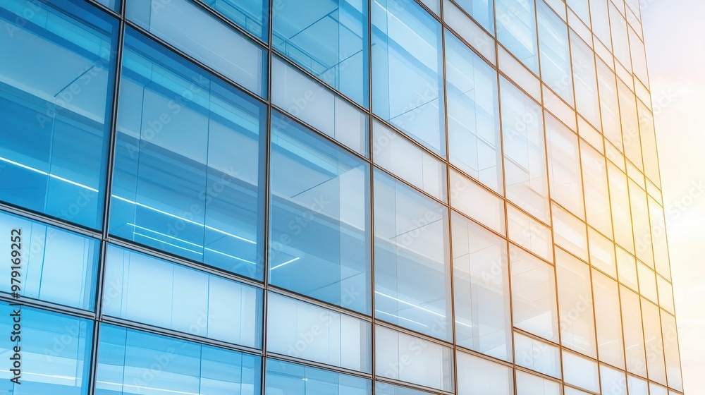 Modern Glass Building Facade with Geometric Pattern and Sunlight Modern Glass Building Facade with Geometric Pattern and Sunlight