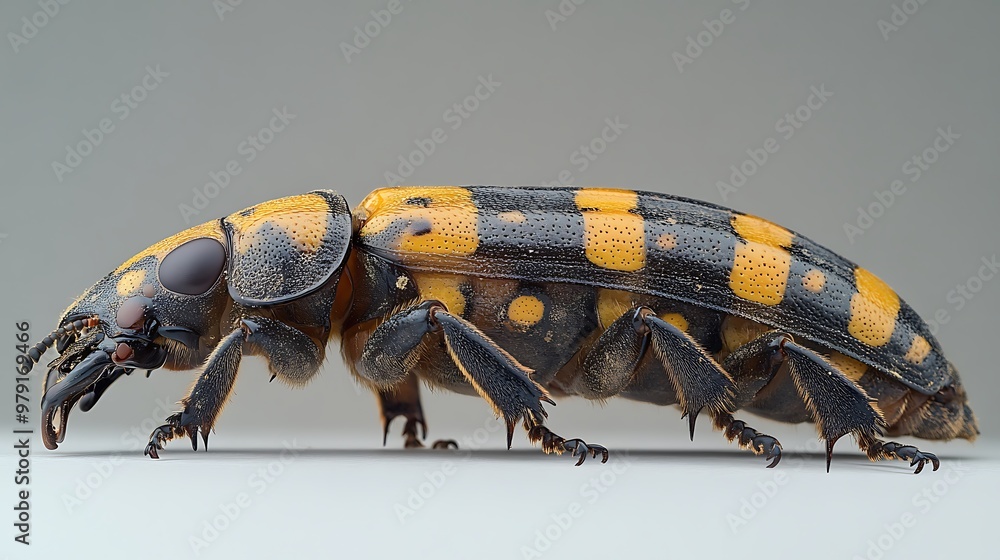 Fototapeta premium A close-up of a yellow and black beetle with a spotted pattern, on a grey background.
