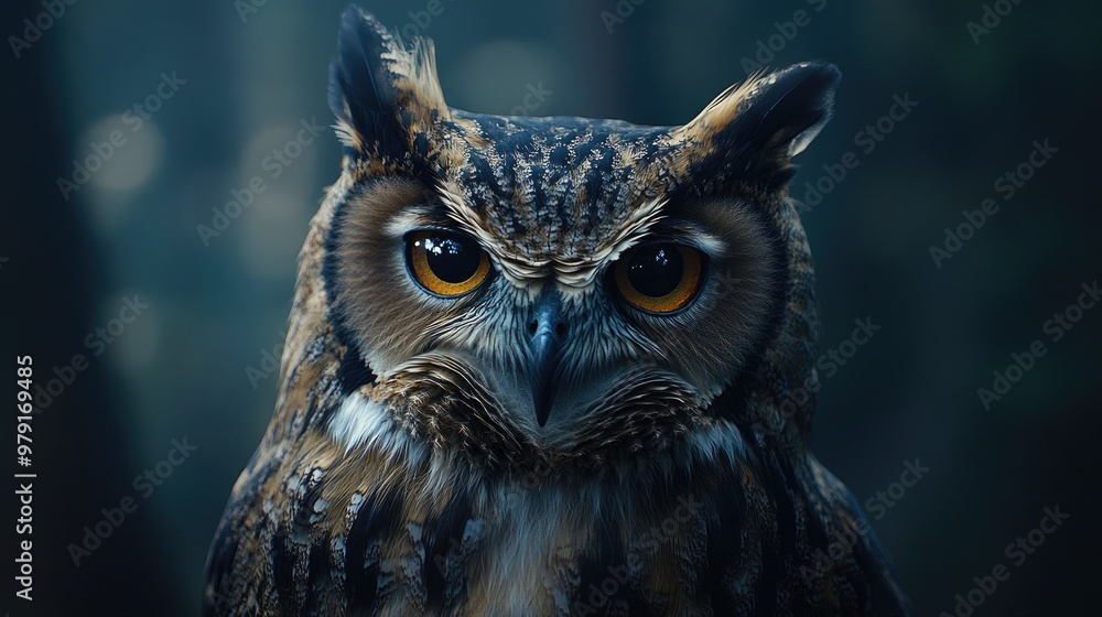 A close-up front view of an owl, its sparkling eyes reflecting the light, set against a dark forest background. A close-up front view of an owl, its sparkling eyes reflecting the light, set against a dark forest background.