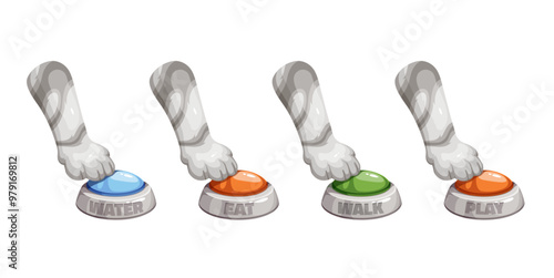 Cats cartoon paws press round buttons with Water Eat Walk Play text. Funny pets choose different actions set. Veterinary, training mascot, cartoon kittens legs pushing buttons vector illustration