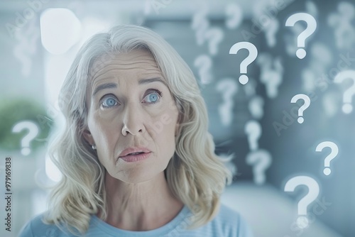 Confused Senior Woman Surrounded by Question Marks, Concept of Memory Loss and Dementia