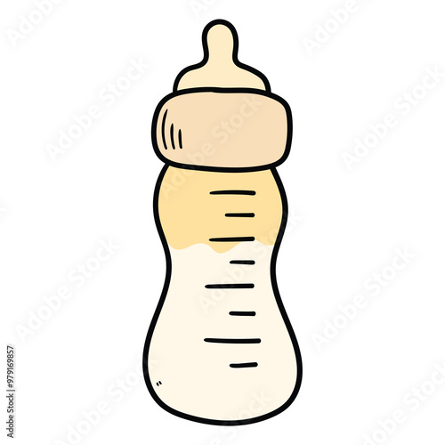 Hand drawn cartoon baby sippy cup with milk on white background.