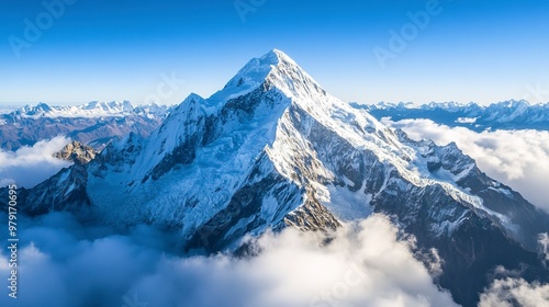 Ultra-clear aerial shot of a snow-capped mountain peak, climbers visible, dramatic shadows,