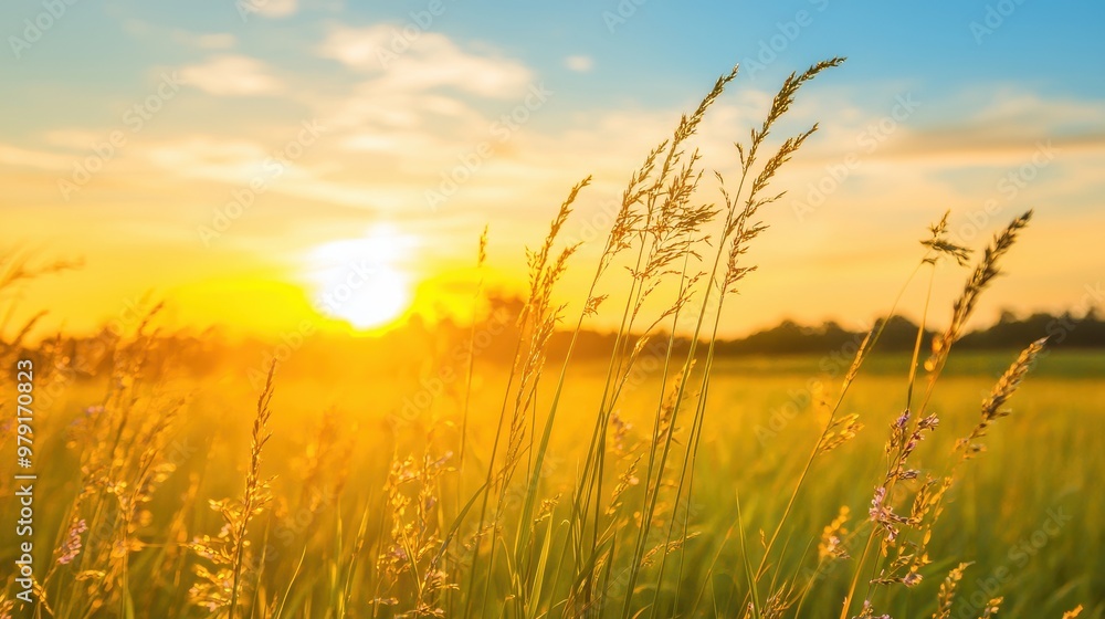 Fototapeta premium Golden Grass Sunset Meadow Field Landscape