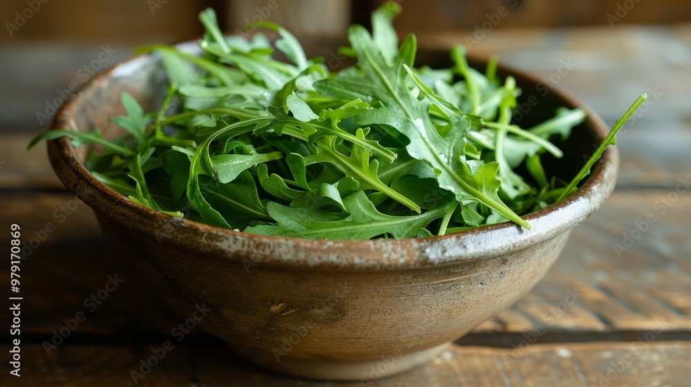Freshly Harvested Arugula A Bowl of Vibrant Green Arugula Leaves on a Rustic Wooden Table Freshly Harvested Arugula A Bowl of Vibrant Green Arugula Leaves on a Rustic Wooden Table