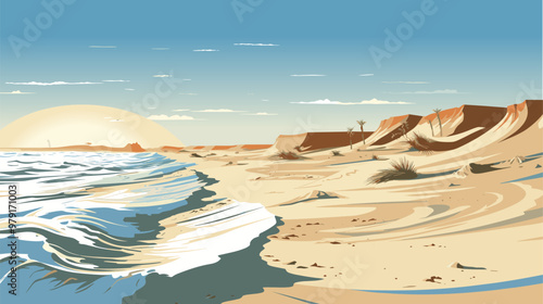 The waves roll in on the deserted sandy shore of the sea. Warm evening evening, beautiful landscape wallpaper, vector illustration