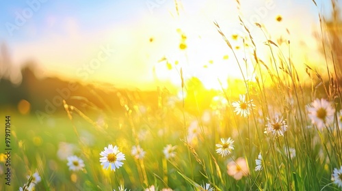 Summer Meadow with White Daisies and Golden Sunlight