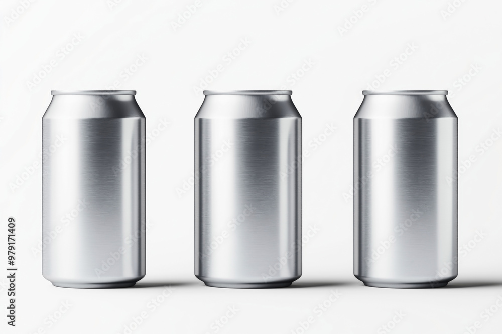 This image features a mockup of three blank aluminum cans placed side by side against a white background. The cans are shiny and unbranded, ideal for various design applications. This image features a mockup of three blank aluminum cans placed side by side against a white background. The cans are shiny and unbranded, ideal for various design applications.