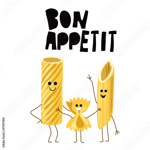 World pasta day poster. Macaroni pasta noodles vector flat character. Abstract pasta posters with Italian food for the kitchen. Macaroni of different shapes and sizes. Bon appetite 
