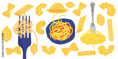 National Noodle Day. World pasta day poster. Traditional Italian food. Abstract pasta posters with Italian food for the kitchen. Macaroni of different shapes and sizes