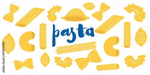 National Noodle Day. World pasta day poster. Traditional Italian food. Abstract pasta posters with Italian food for the kitchen. Macaroni of different shapes and sizes