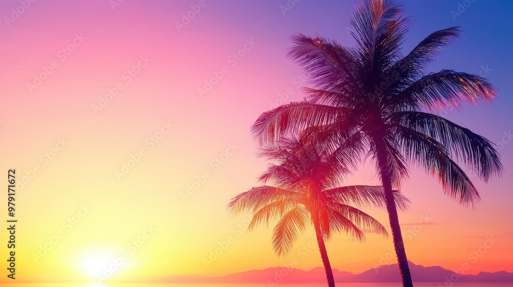 Obraz premium Tropical Sunset Palm Trees Silhouette Beach Ocean