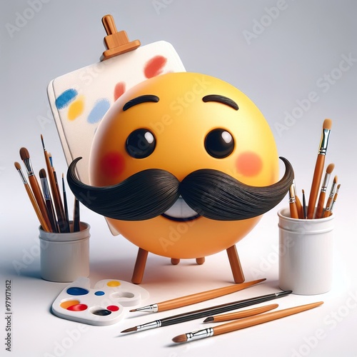 3D Happy one mustachioed emoji as an Artist, white background photo