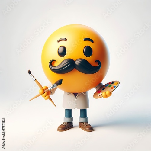 3D Happy one mustachioed emoji as an Artist, white background photo