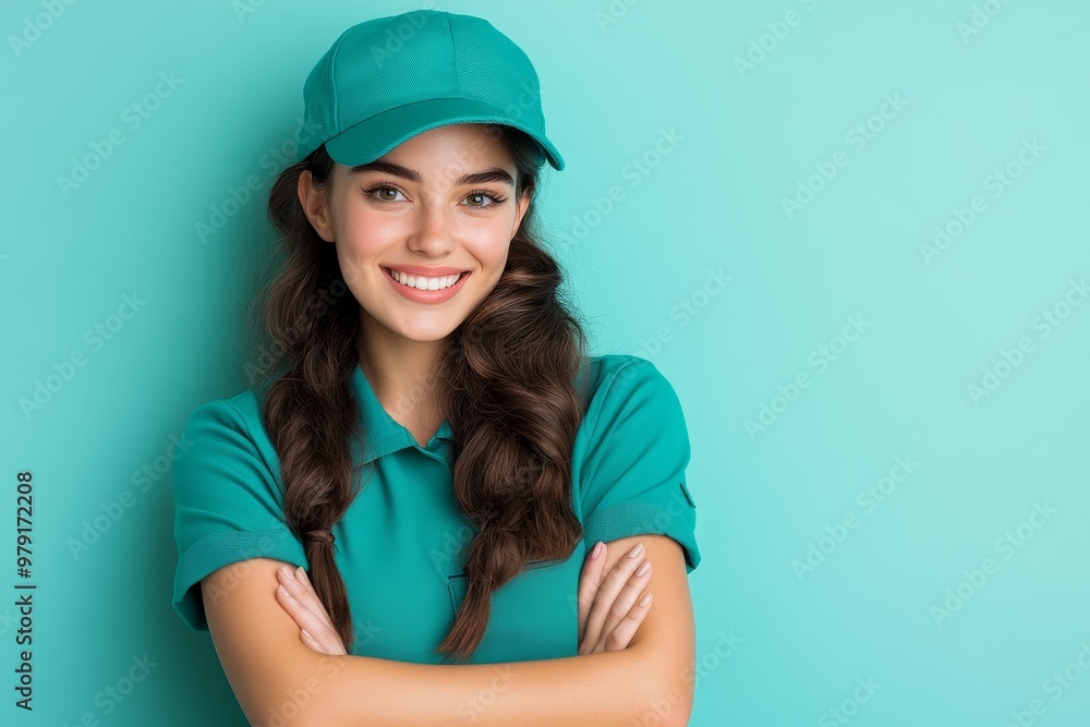 Young woman smiling with crossed arms, wearing a teal cap and polo shirt against a vibrant turquoise backdrop in a cheerful setting Young woman smiling with crossed arms, wearing a teal cap and polo shirt against a vibrant turquoise backdrop in a cheerful setting