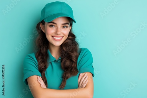 Young woman smiling with crossed arms, wearing a teal cap and polo shirt against a vibrant turquoise backdrop in a cheerful setting