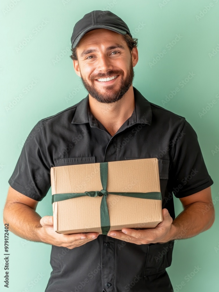 Delivery person holding a package with a smile in front of a green background, brightening up the day with great service Delivery person holding a package with a smile in front of a green background, brightening up the day with great service