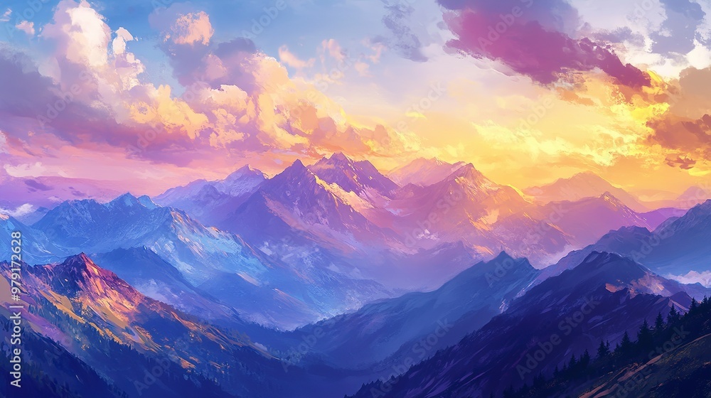 A picturesque vista of a mountain range bathed in the warm hues of sunset. The sky is filled with vibrant clouds, casting long shadows across the peaks. A picturesque vista of a mountain range bathed in the warm hues of sunset. The sky is filled with vibrant clouds, casting long shadows across the peaks.
