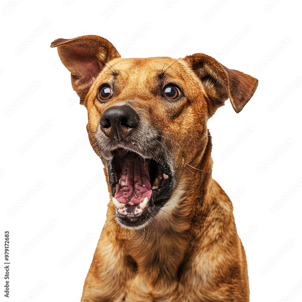 Brown dog is looking surprised with its mouth wide open against a white background Brown dog is looking surprised with its mouth wide open against a white background