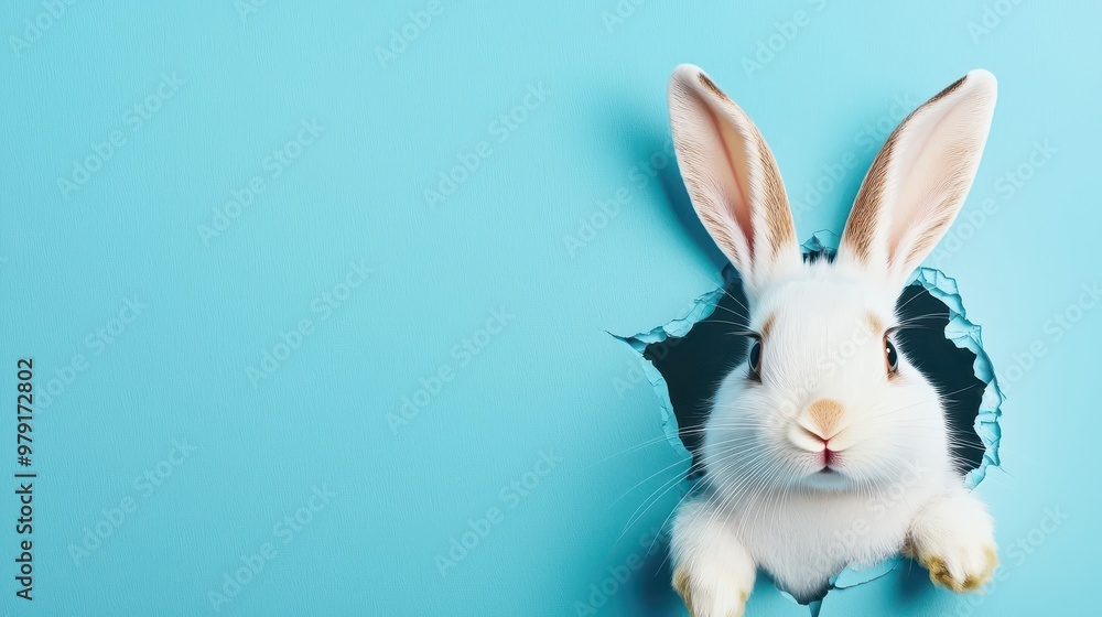 Obraz premium Cute Easter Bunny Peeking Through Blue Paper Hole
